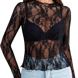 Sheer Black Lace Long Sleeve Top